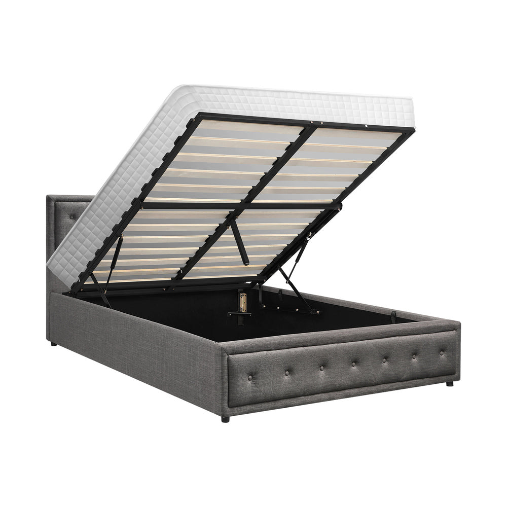 Oikiture Bed Frame with Mattress Queen Size Gas Lift Grey Fabric