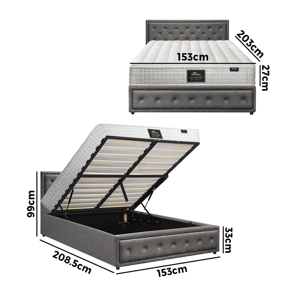 Oikiture Bed Frame with Mattress Queen Size Gas Lift Grey Fabric
