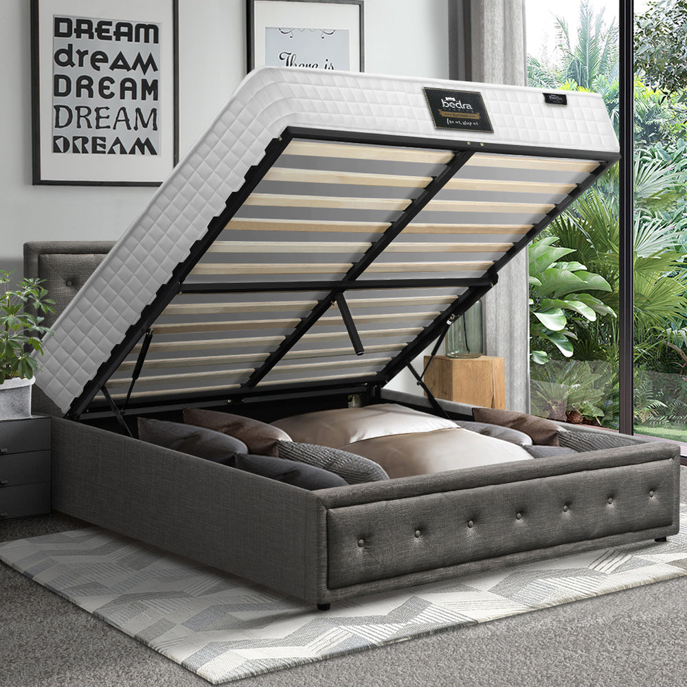 Oikiture Bed Frame with Mattress Queen Size Gas Lift Grey Fabric