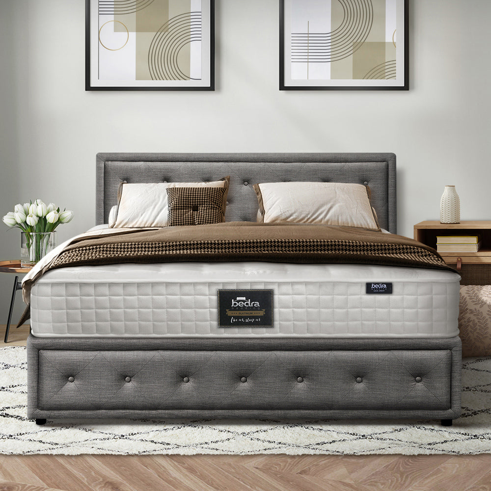 Oikiture Bed Frame with Mattress Queen Size Gas Lift Grey Fabric