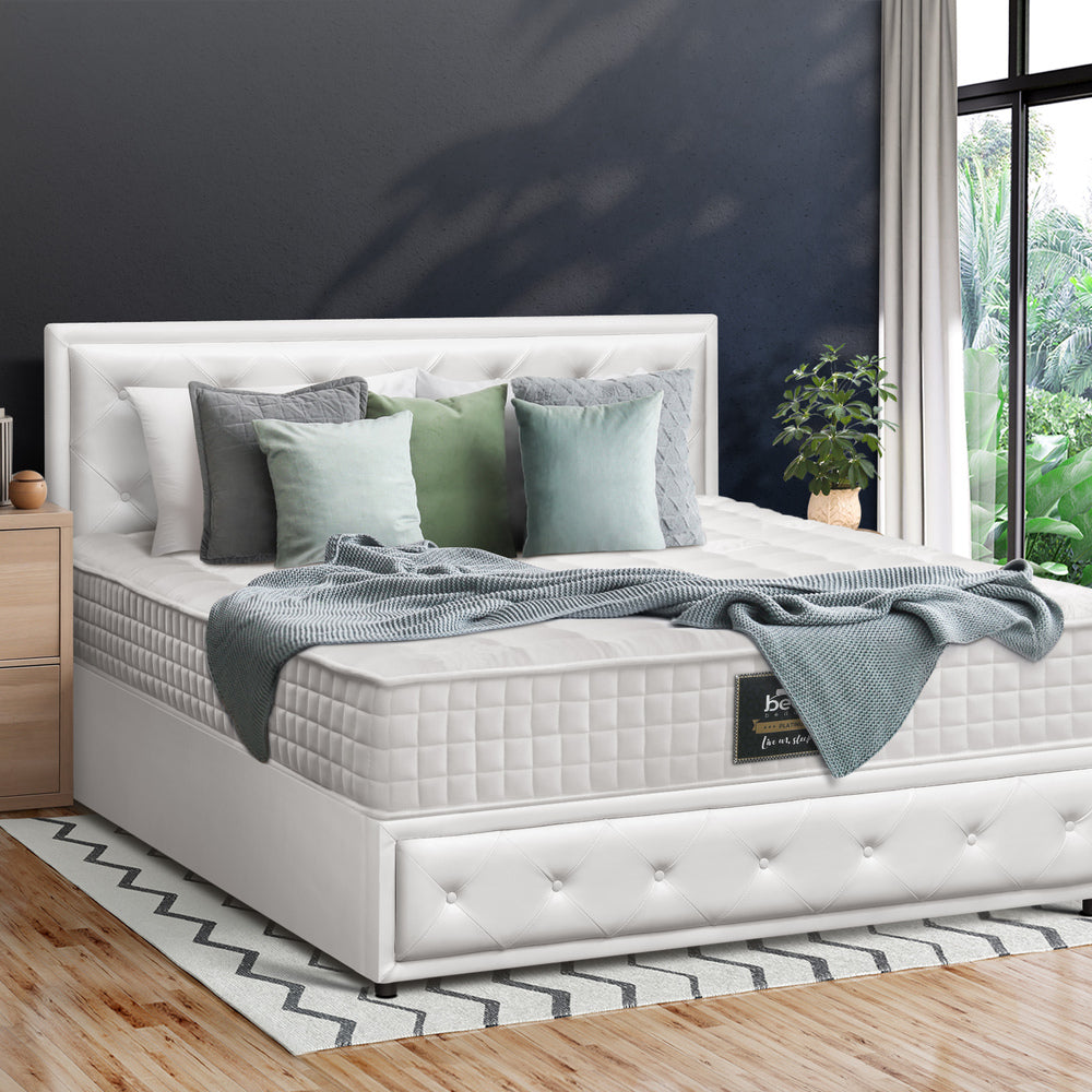 Oikiture Bed Frame with Mattress King Size Gas Lift White