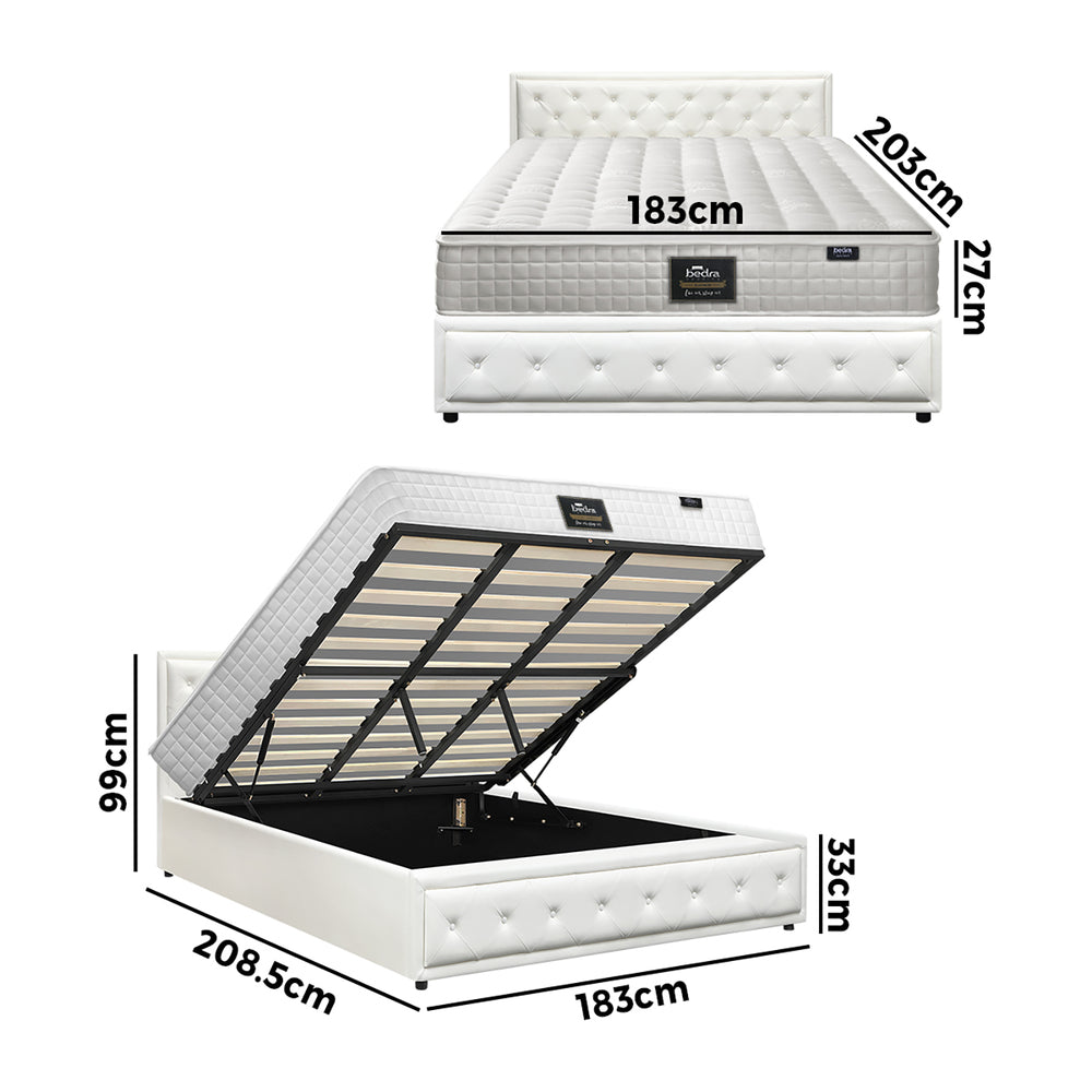 Oikiture Bed Frame with Mattress King Size Gas Lift White