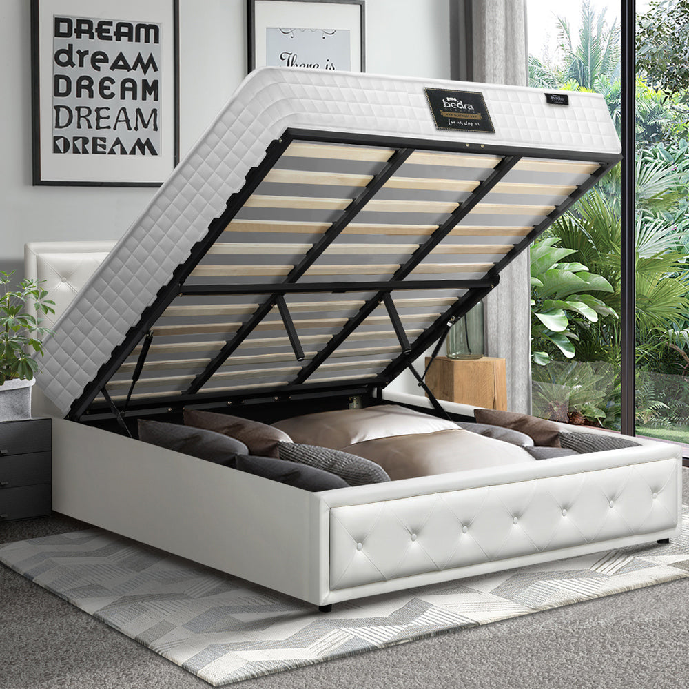 Oikiture Bed Frame with Mattress King Size Gas Lift White