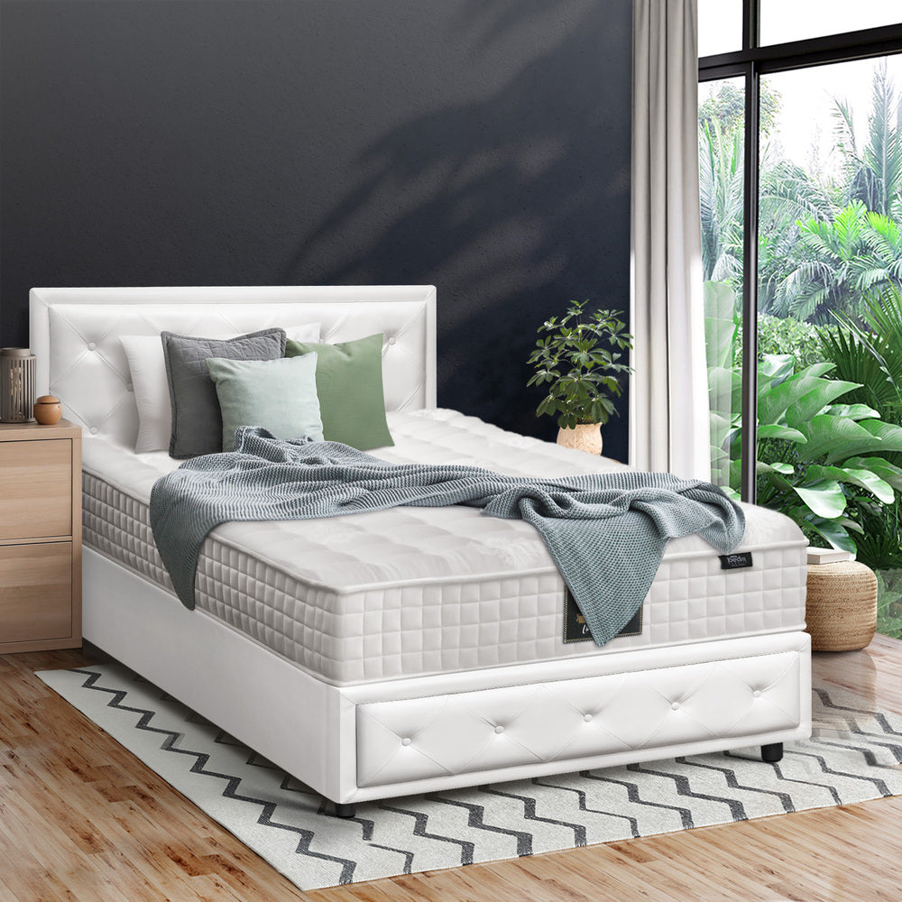 Oikiture Bed Frame with Mattress King Single Gas Lift White