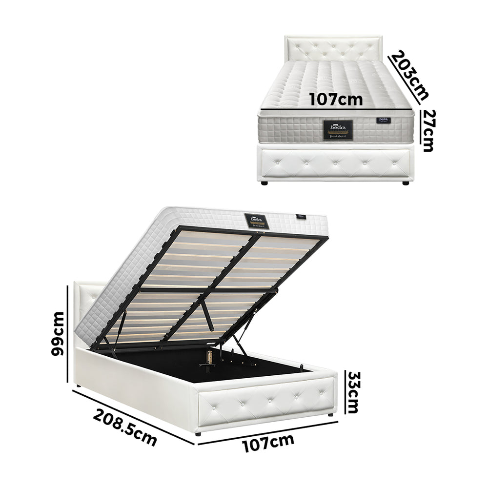 Oikiture Bed Frame with Mattress King Single Gas Lift White