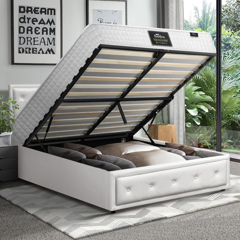Oikiture Bed Frame with Mattress King Single Gas Lift White