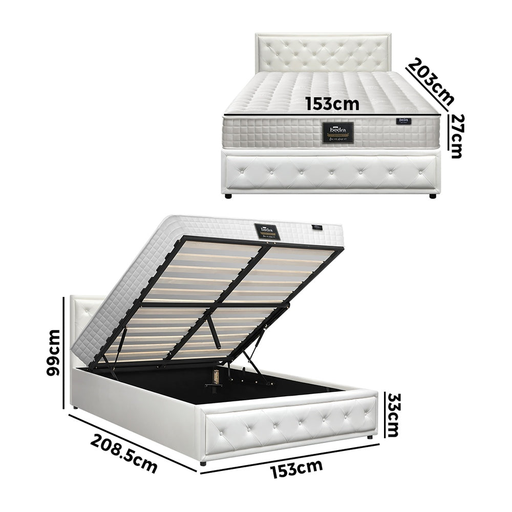 Oikiture Bed Frame with Mattress Queen Size Gas Lift White