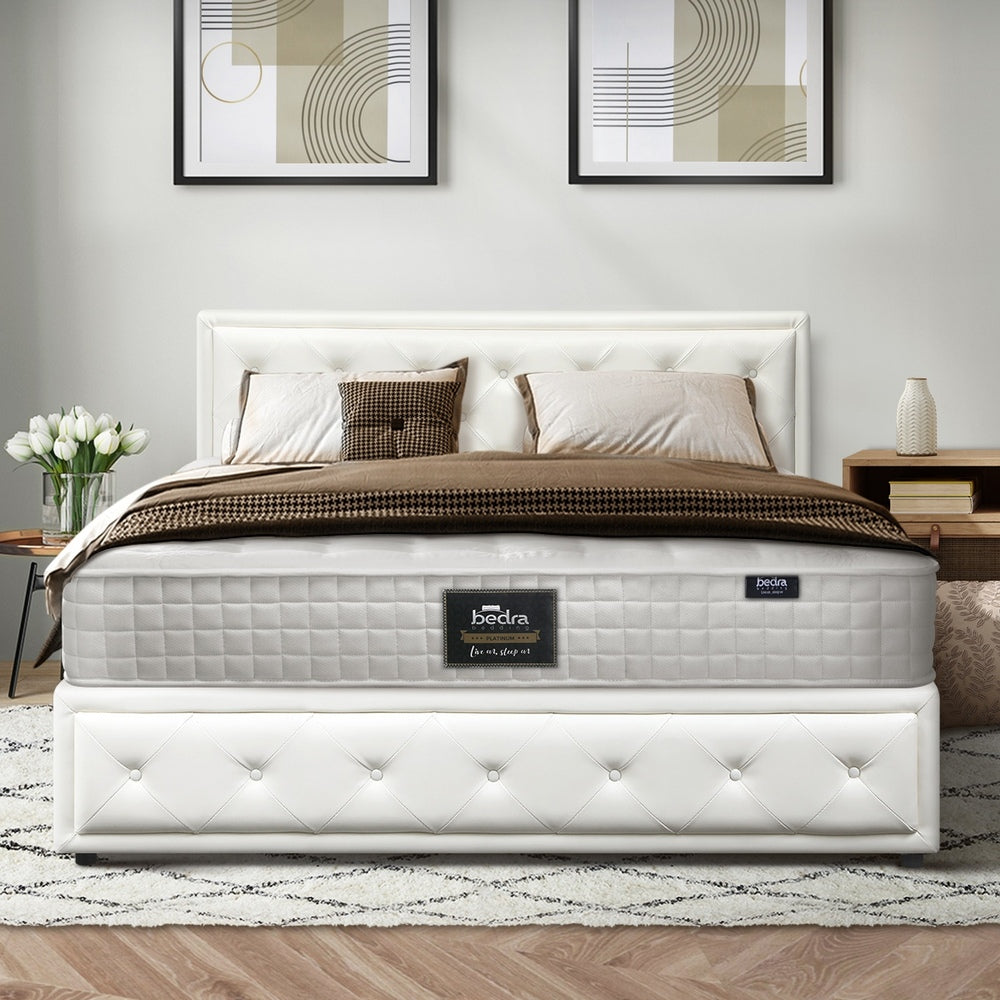 Oikiture Bed Frame with Mattress Queen Size Gas Lift White