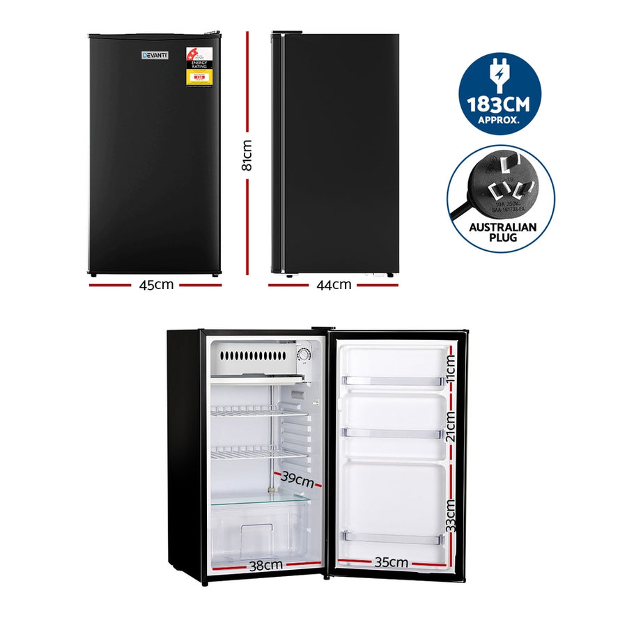 Devanti 95L black bar fridge with chiller compartment, built-in handle