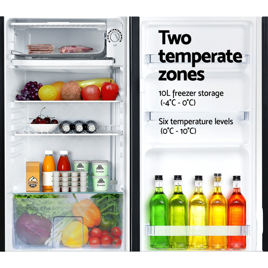 Devanti 95L black bar fridge with chiller compartment, crisper drawer