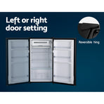 Devanti 95L black bar fridge with chiller compartment, height adjustable feet
