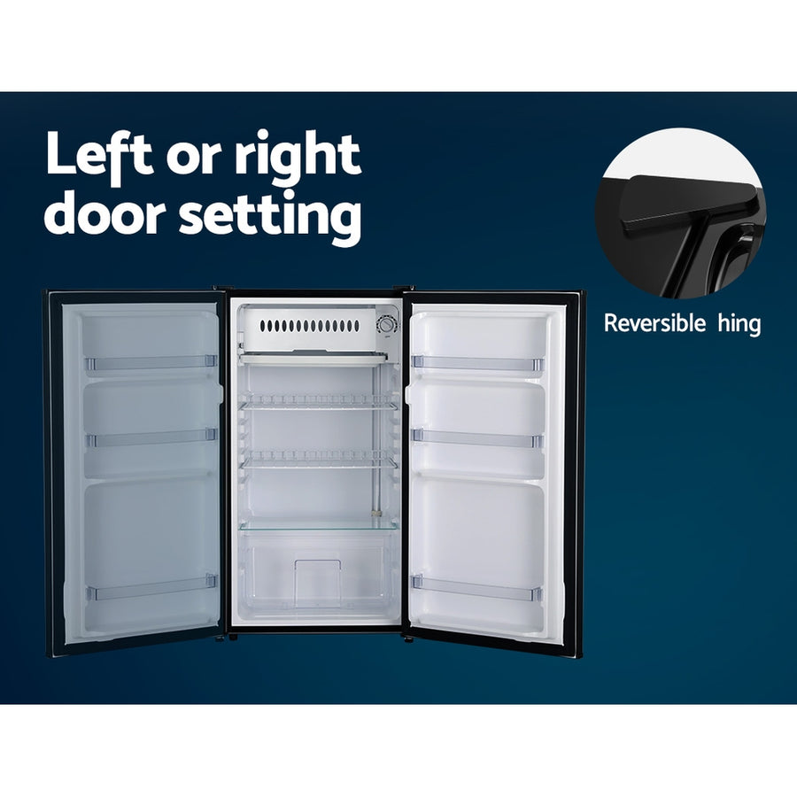 Devanti 95L black bar fridge with chiller compartment, height adjustable feet