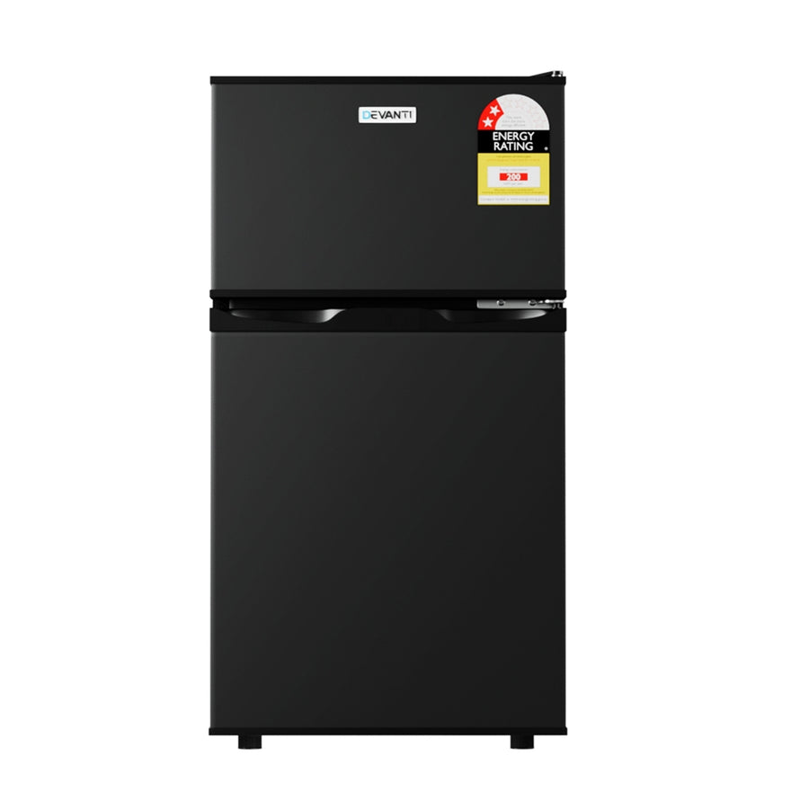Devanti 85L black bar fridge with chiller compartment, crisper drawer