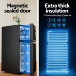 Devanti 85L black bar fridge with chiller compartment, height adjustable feet