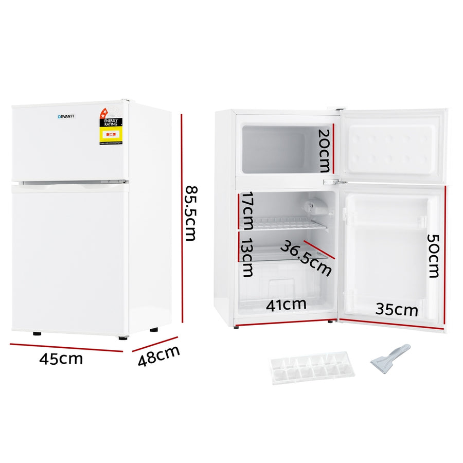 Devanti 85L white bar fridge with chiller compartment, crisper drawer