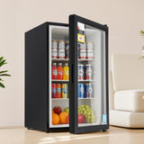 Devanti 105L Bar Fridge Glass Door Mini Fridge Countertop Cooler Black - Close-Up Angle