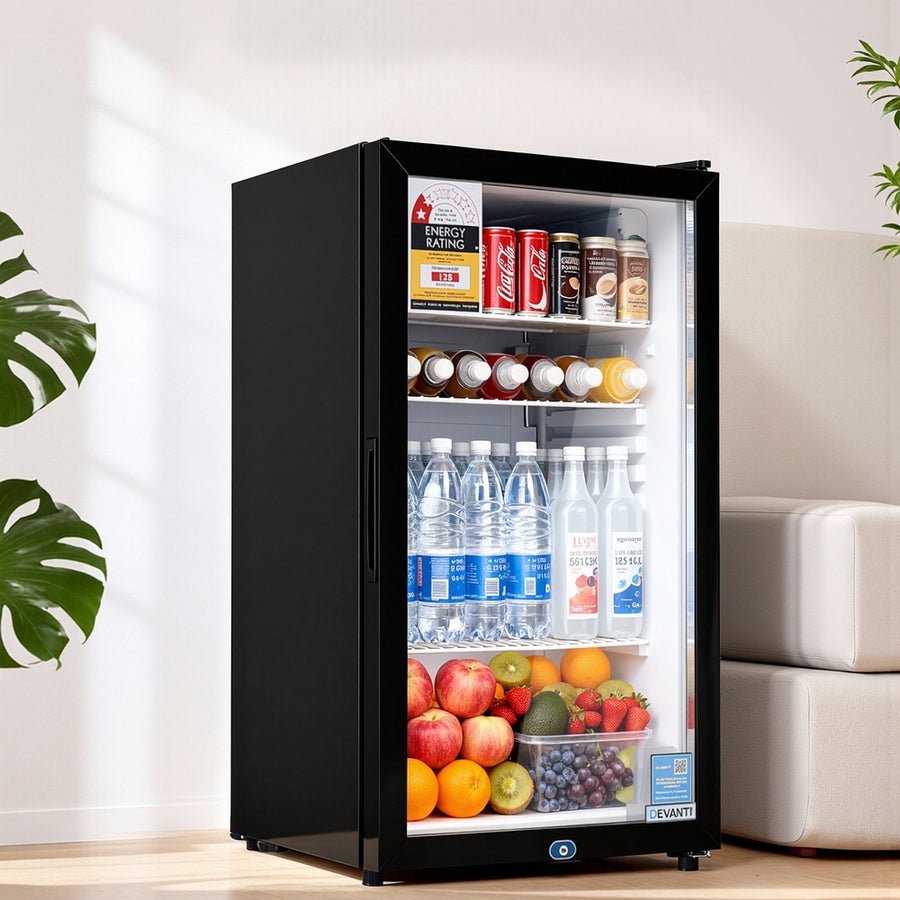 Devanti 78L Bar Fridge Glass Door Mini Fridge Countertop Cooler Black