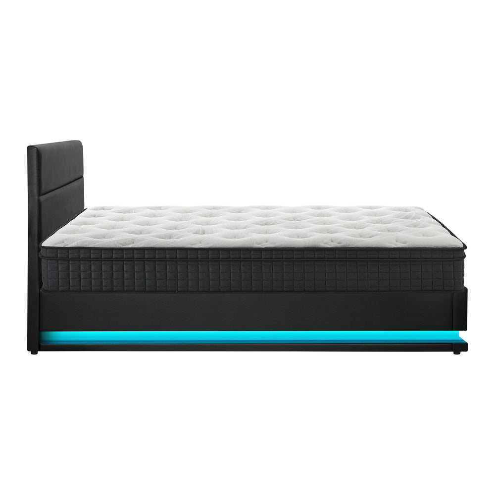 Oikiture Bed Frame with Mattress Double Size LED Gas Lift Black LAYZ