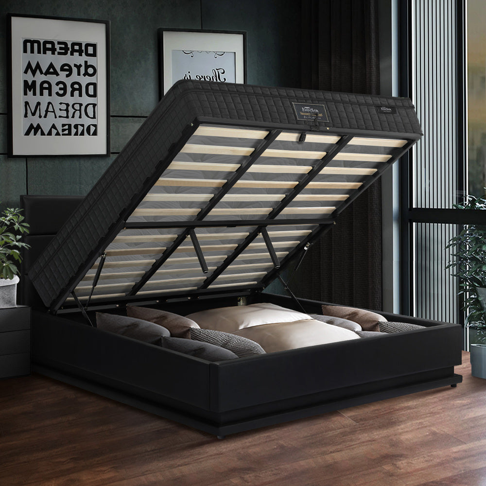 Oikiture Bed Frame with Mattress King Size LED Gas Lift Black LAYZ