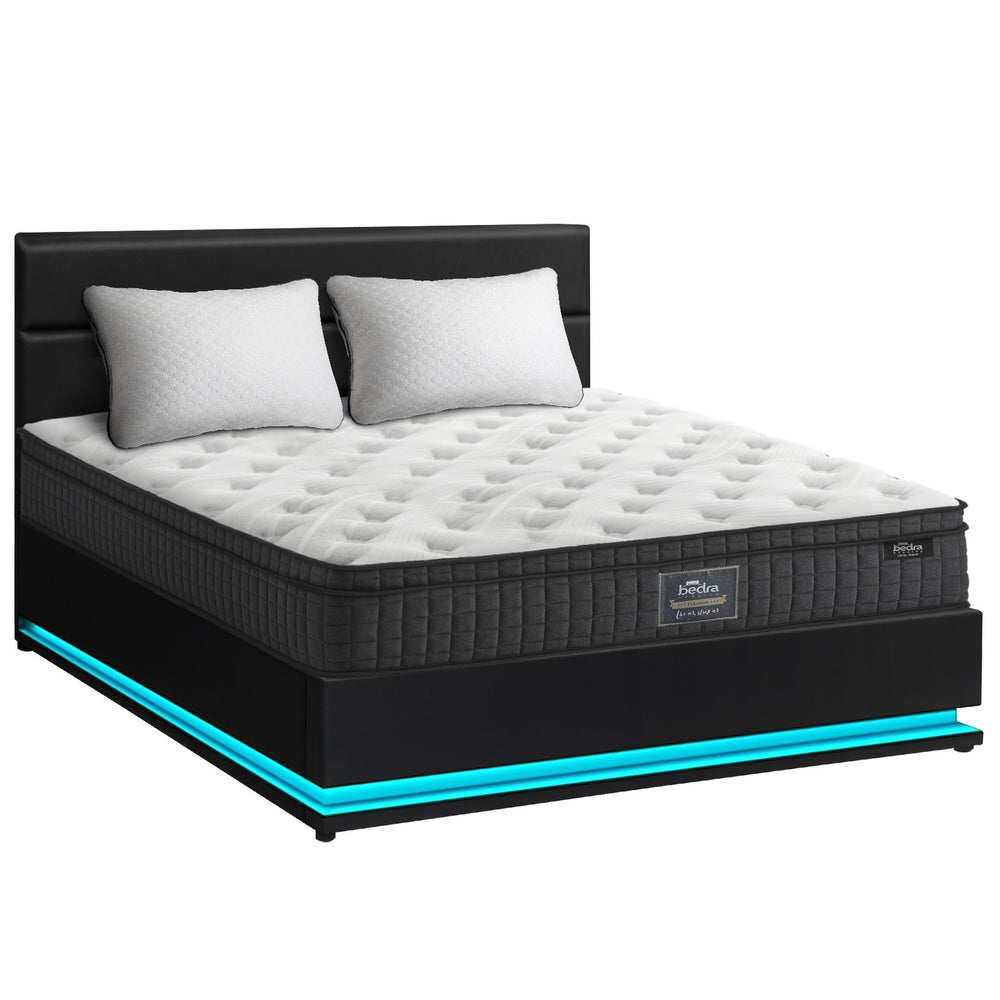 Oikiture Bed Frame with Mattress Queen Size LED Gas Lift Black LAYZ