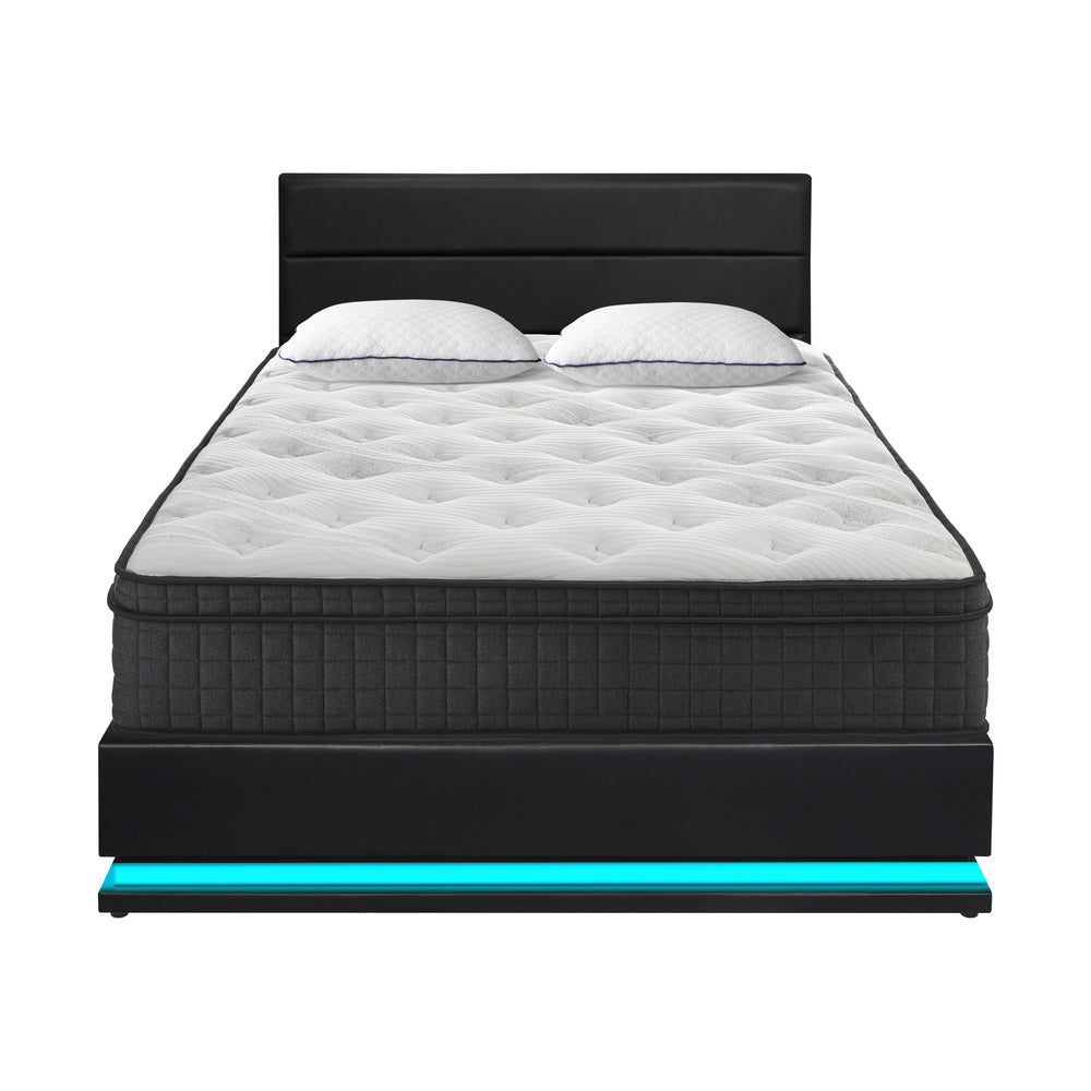 Oikiture Bed Frame with Mattress Queen Size LED Gas Lift Black LAYZ