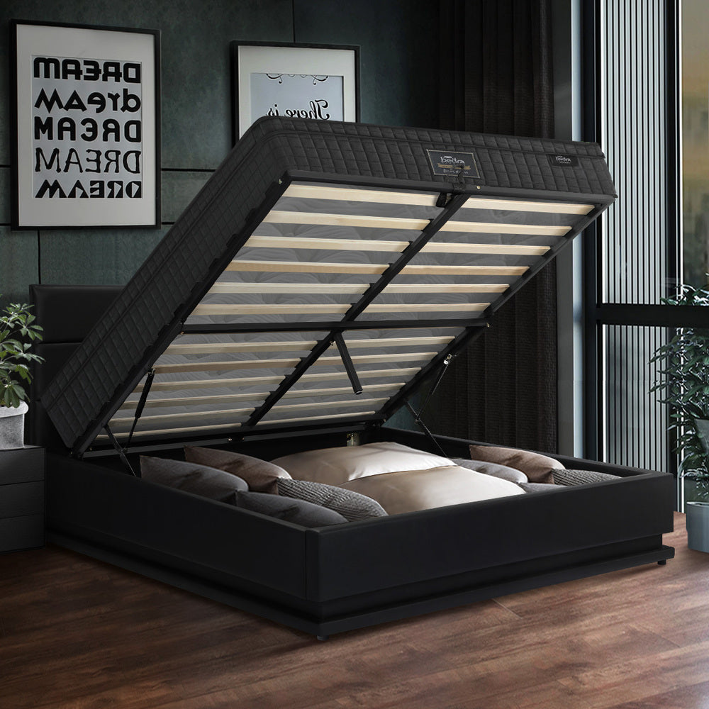 Oikiture Bed Frame with Mattress Queen Size LED Gas Lift Black LAYZ