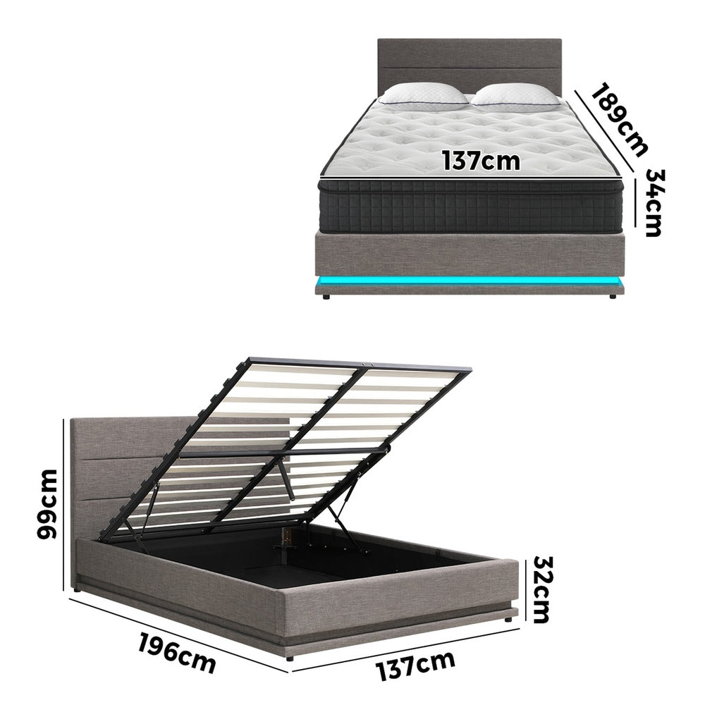Oikiture Bed Frame with Mattress Double Size LED Gas Lift Grey LAYZ