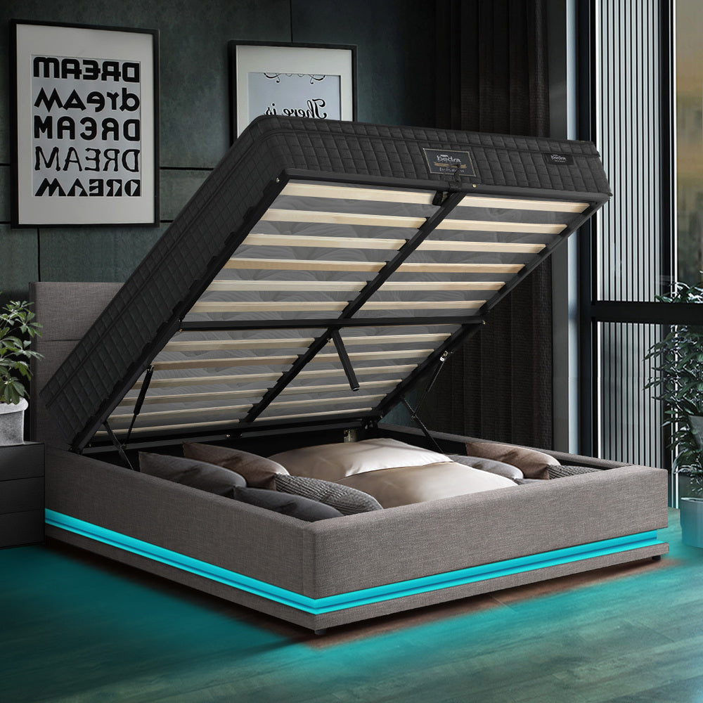 Oikiture Bed Frame with Mattress Double Size LED Gas Lift Grey LAYZ