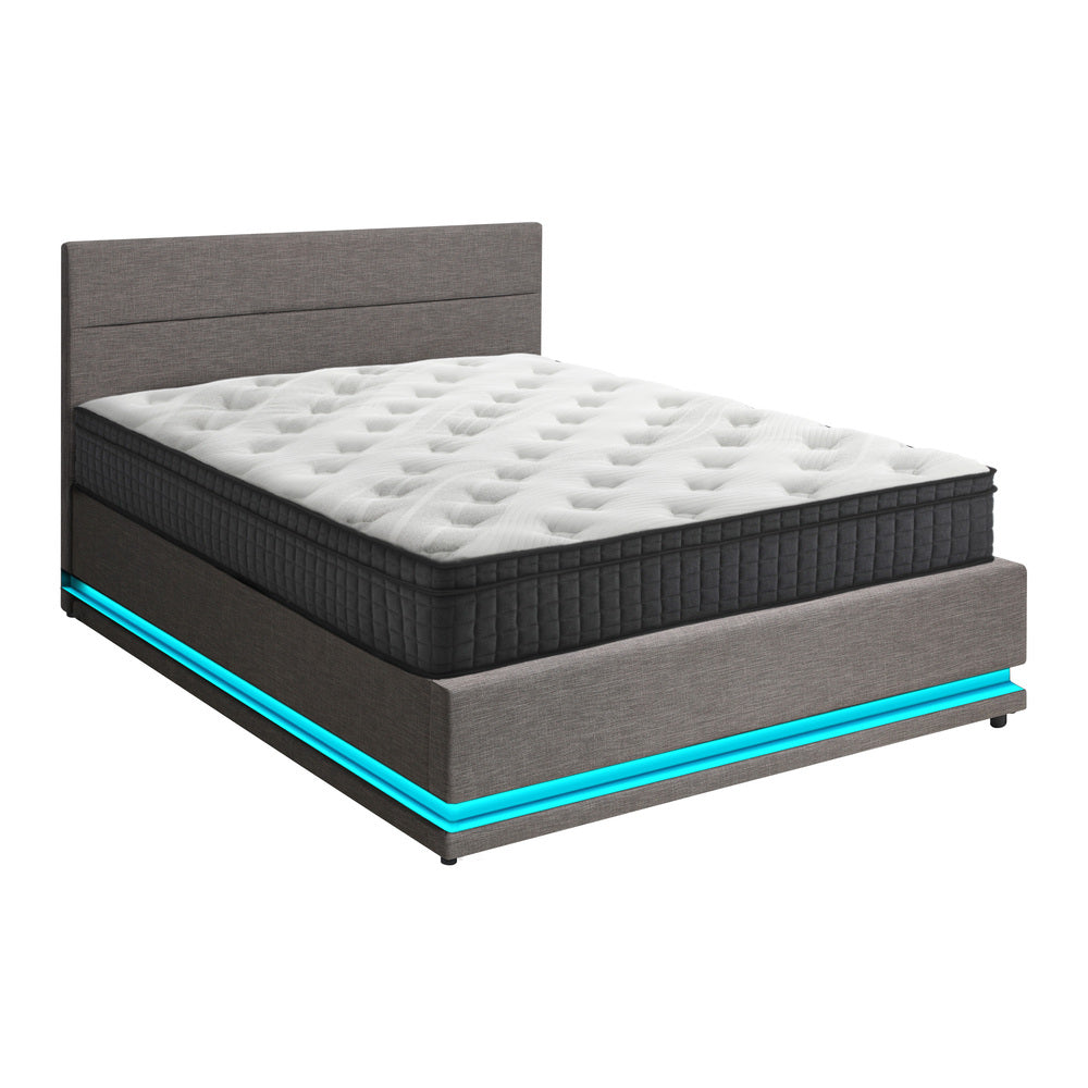 Oikiture Bed Frame with Mattress Queen Size LED Gas Lift Grey LAYZ