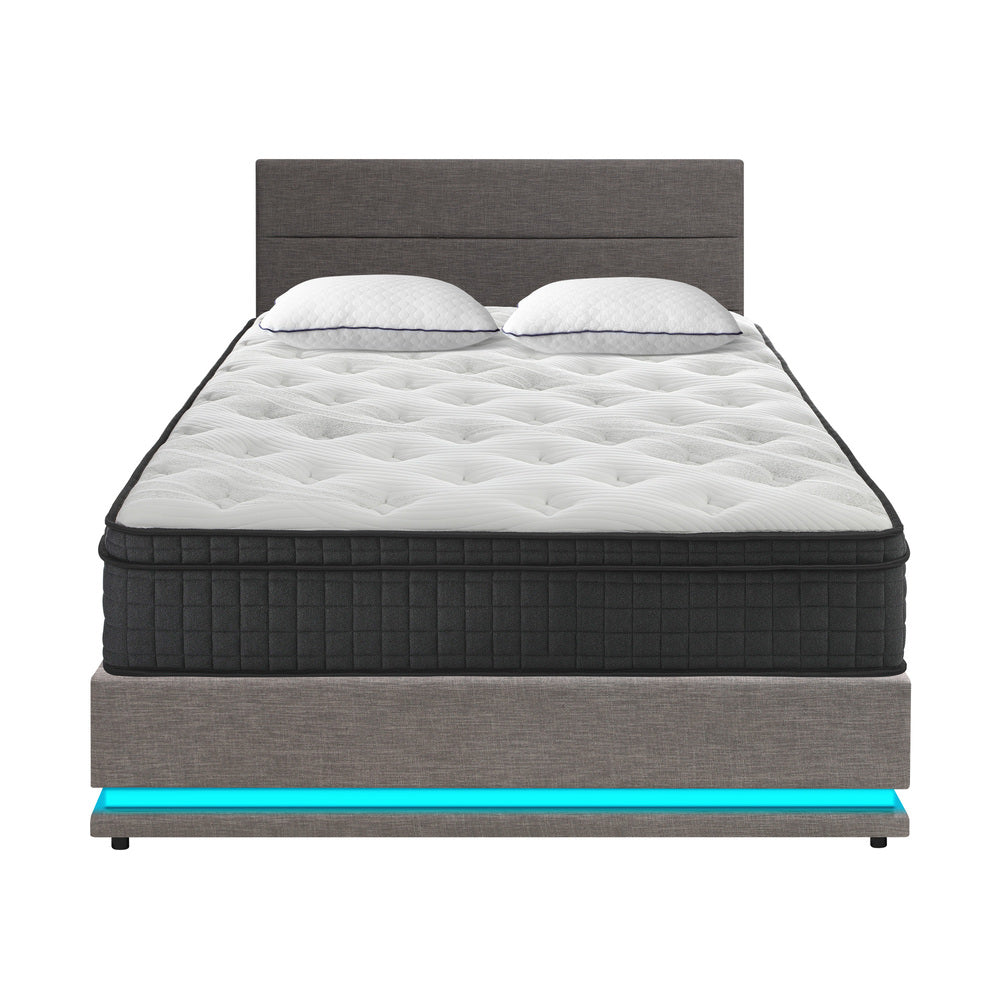 Oikiture Bed Frame with Mattress Queen Size LED Gas Lift Grey LAYZ