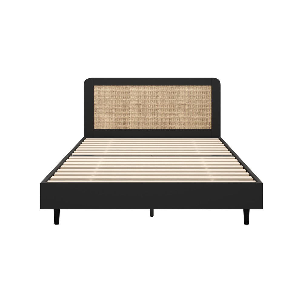 Oikiture Bed Frame Double Size Real Rattan Headboard Black