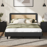 Oikiture Bed Frame Double Size Real Rattan Headboard Black