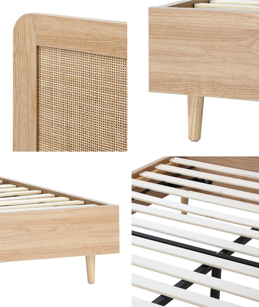 Oikiture Wooden Bed Frame Double Size Rattan Headboard