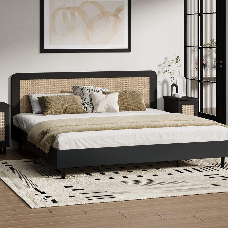 Oikiture Bed Frame King Size Real Rattan Headboard Black