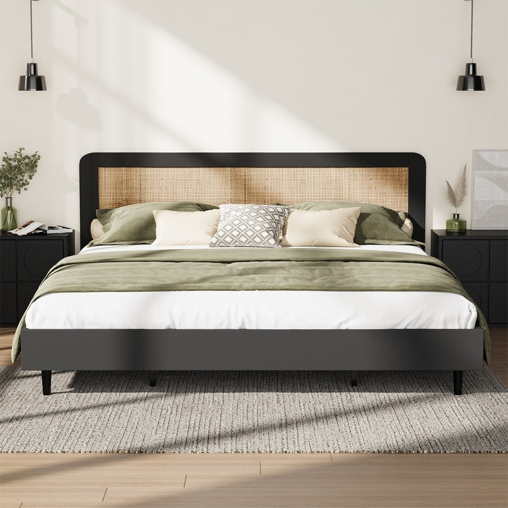 Oikiture Bed Frame King Size Real Rattan Headboard Black