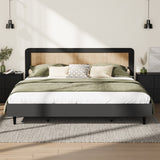 Oikiture Bed Frame King Size Real Rattan Headboard Black - Front View