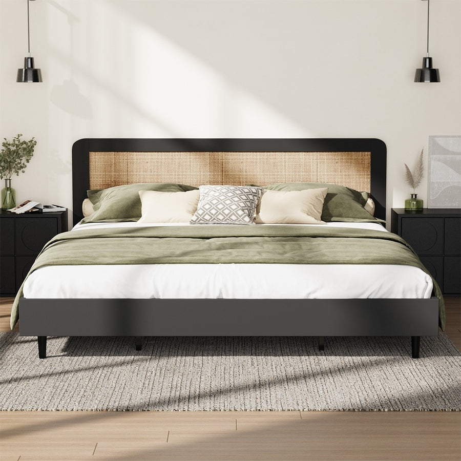 Oikiture Bed Frame King Size Real Rattan Headboard Black