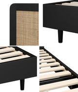 Oikiture Bed Frame King Size Real Rattan Headboard Black