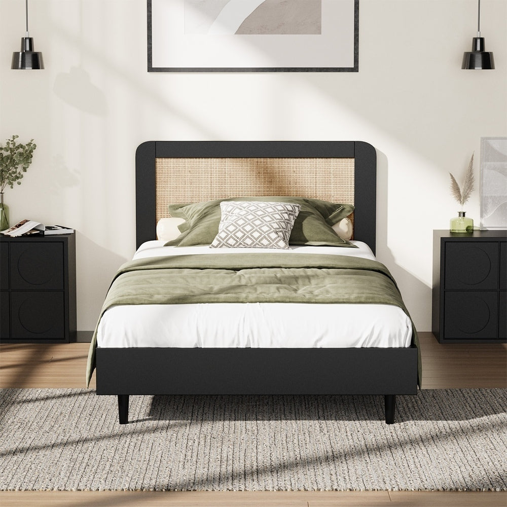Oikiture Bed Frame King Single Real Rattan Headboard Black