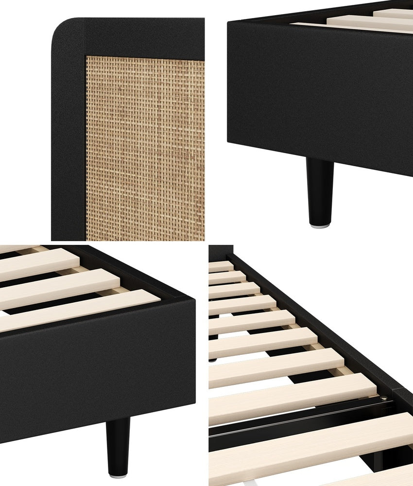 Oikiture Bed Frame King Single Real Rattan Headboard Black
