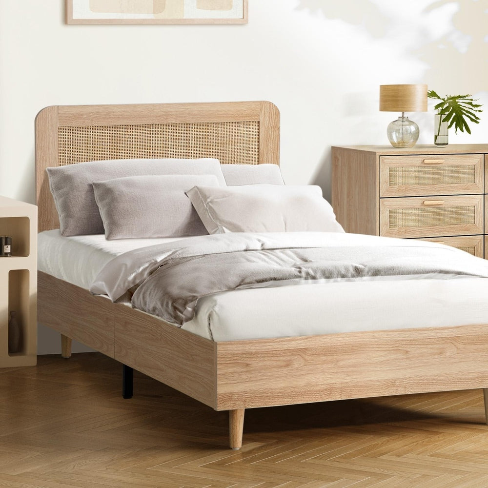Oikiture Wooden Bed Frame King Single Rattan Headboard