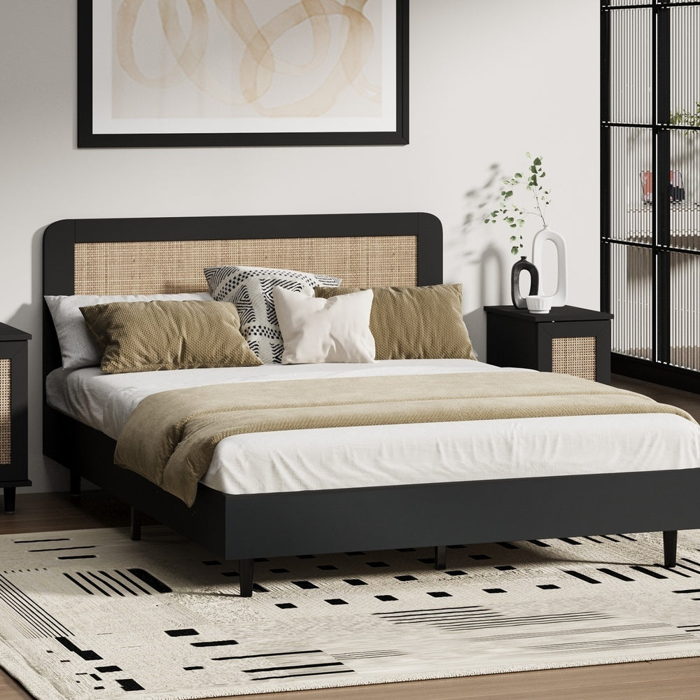 Oikiture Bed Frame Queen Size Real Rattan Headboard Black