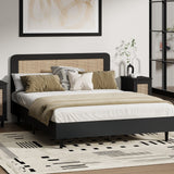 Oikiture Bed Frame Queen Size Real Rattan Headboard Black - Front View