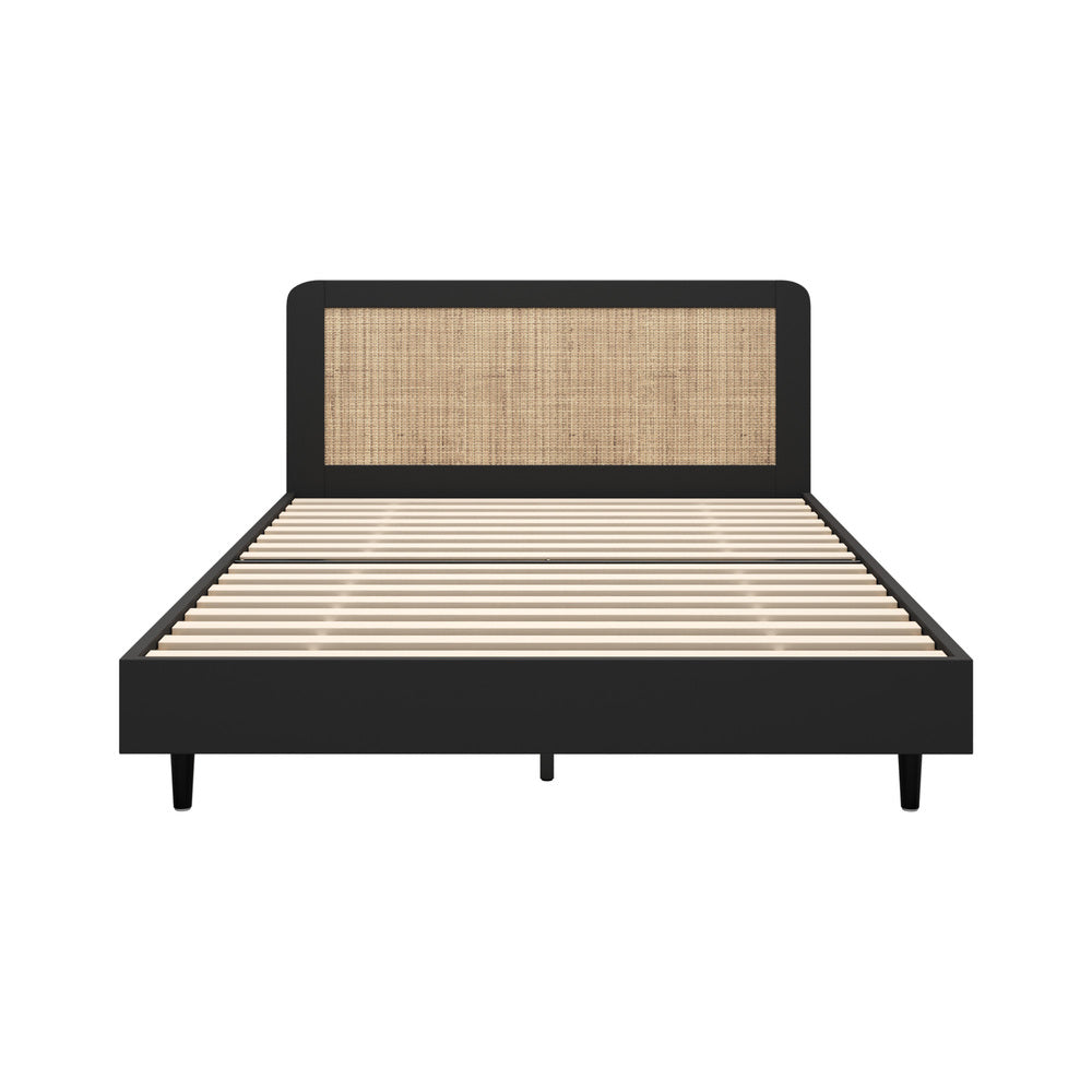 Oikiture Bed Frame Queen Size Real Rattan Headboard Black