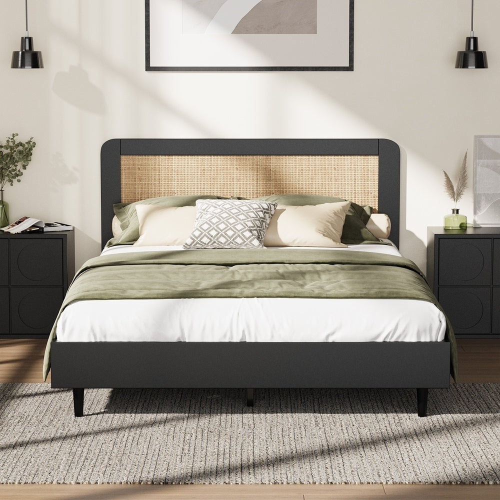 Oikiture Bed Frame Queen Size Real Rattan Headboard Black