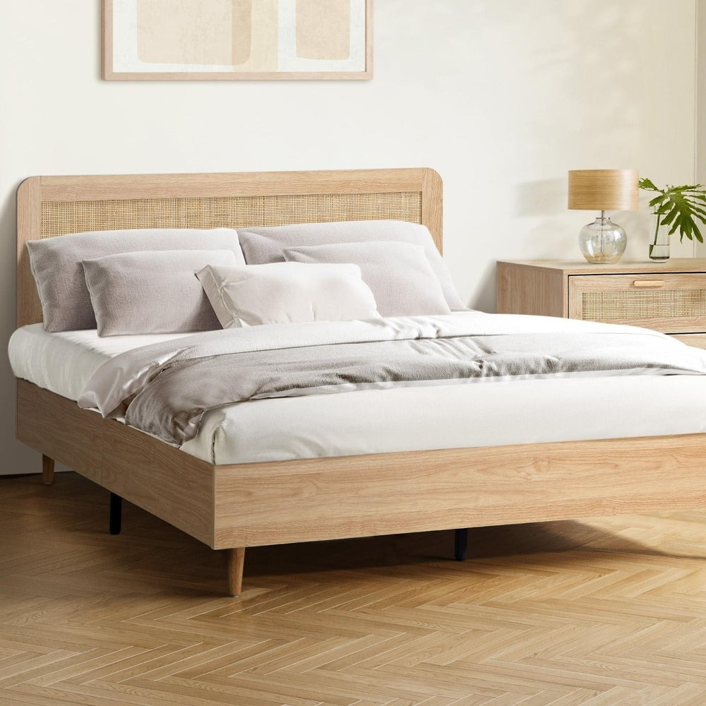 Oikiture Wooden Bed Frame Queen Size Rattan Headboard