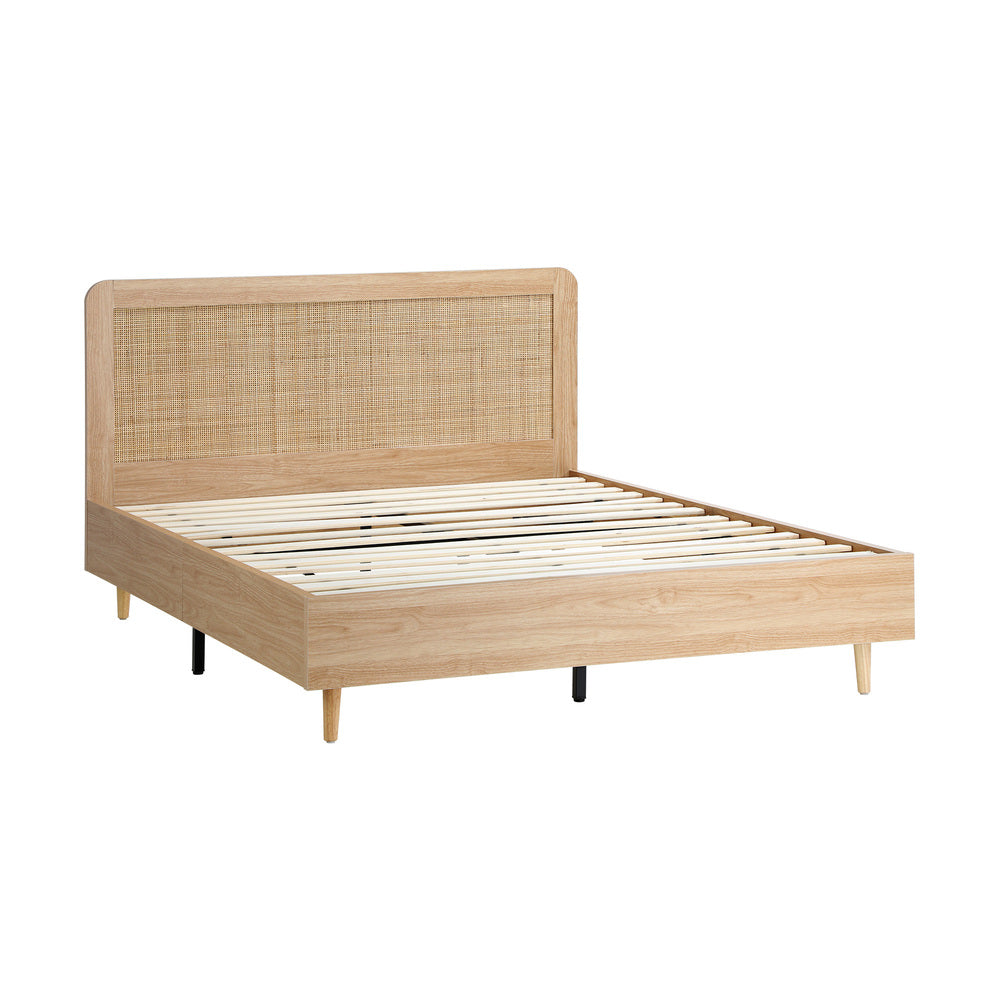 Oikiture Wooden Bed Frame Queen Size Rattan Headboard