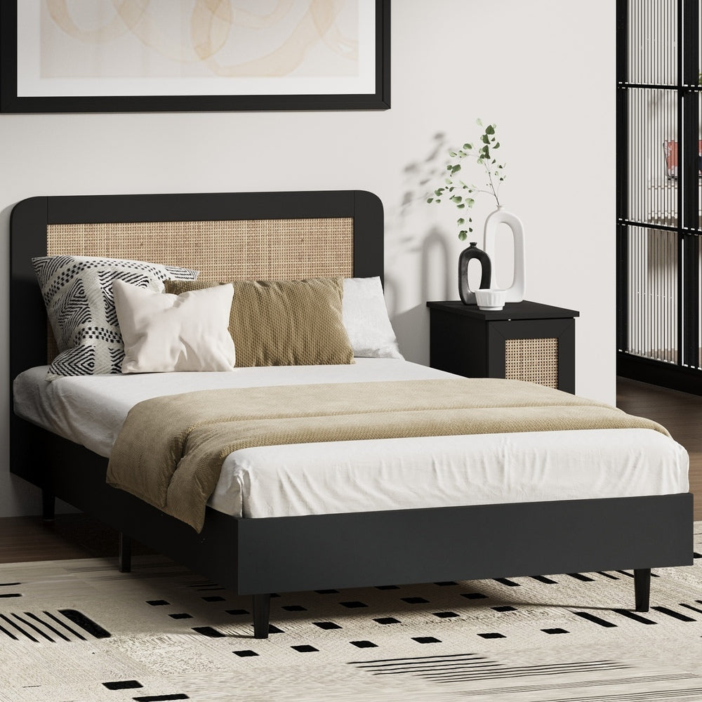 Oikiture Bed Frame Single Size Real Rattan Headboard Black