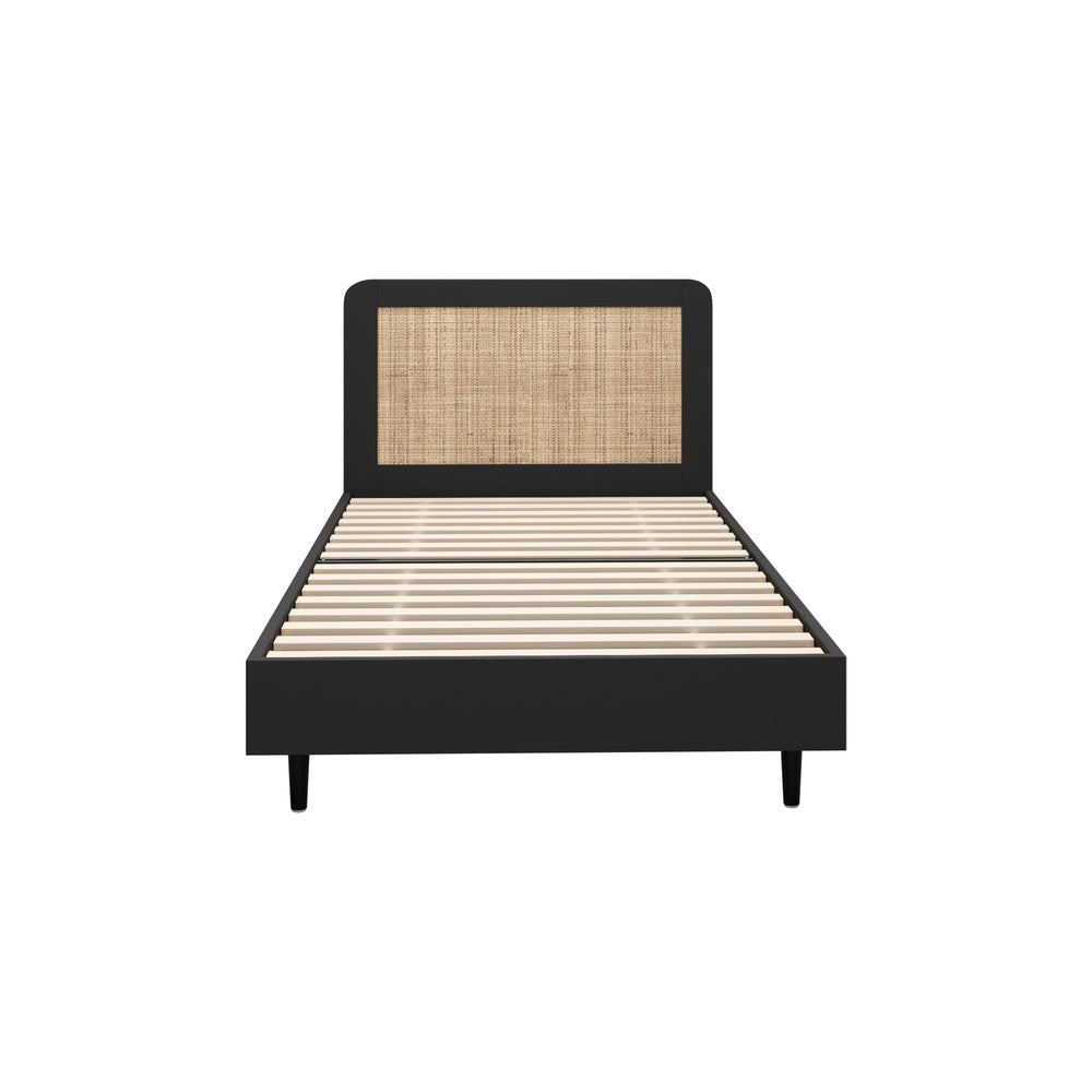 Oikiture Bed Frame Single Size Real Rattan Headboard Black
