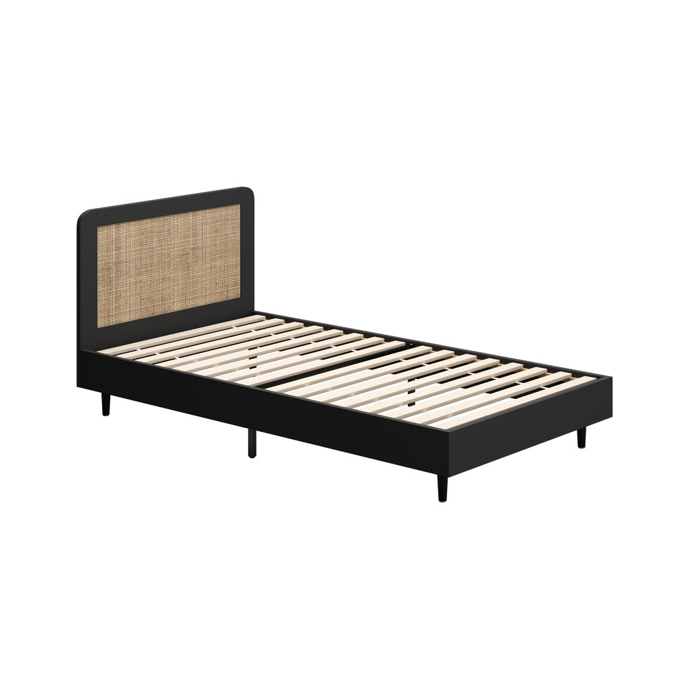 Oikiture Bed Frame Single Size Real Rattan Headboard Black